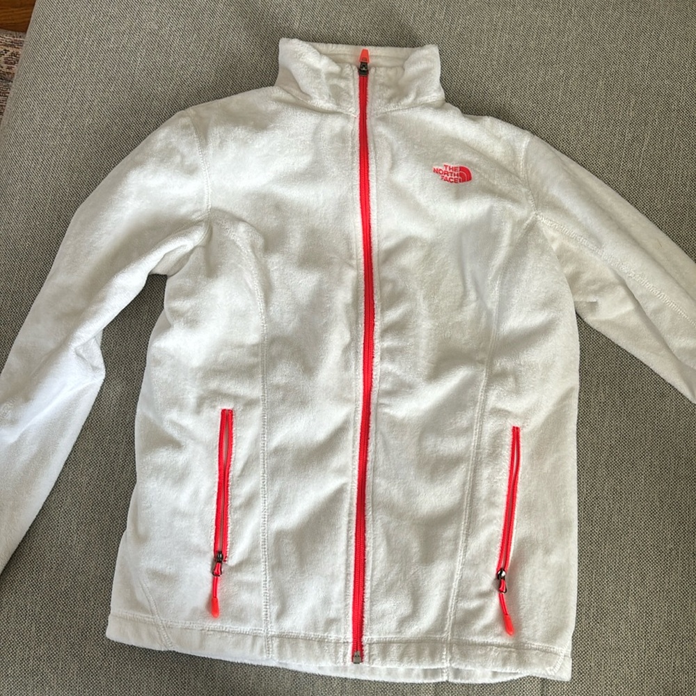 White w/ pink trim North Face fleece